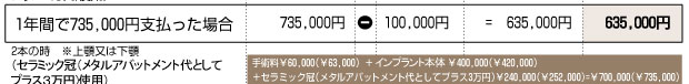 1年間で735,000円・セラミック冠(メタルアバットメント代としてプラス3万円)